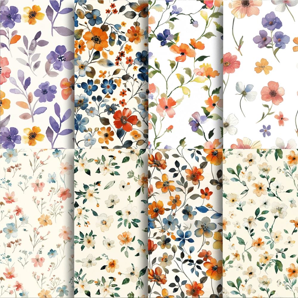 Introducing the Wildflower Digital Papers (Extended License) - a set of eight vertically aligned panels adorned with intricate watercolor floral patterns. Each panel showcases a vibrant array of flowers in orange, blue, purple, red, and white hues against versatile backgrounds that range from white to beige. Ideal for extended digital use, this customizable template is perfect for your creative projects.