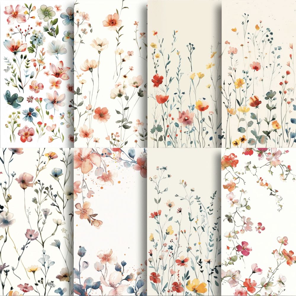 The Wildflower Digital Papers (Extended License) consist of a collage of eight vertical panels, each adorned with delicate, hand-painted floral designs. The flowers come in a range of colors, including shades of pink, red, yellow, blue, and green set against light backgrounds. This whimsical and elegant botanical motif is an ideal template for various digital product applications.