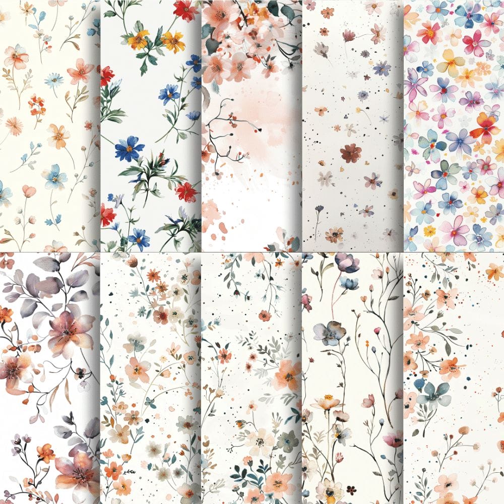 Introducing the Wildflower Digital Papers (Extended License), a set of twelve vertical panels showcasing diverse floral patterns. The designs feature an array of flower types and colors, ranging from pastels and vibrant hues to stunning watercolor effects, all set against neutral and white backgrounds. These are provided as editable templates for extended use.