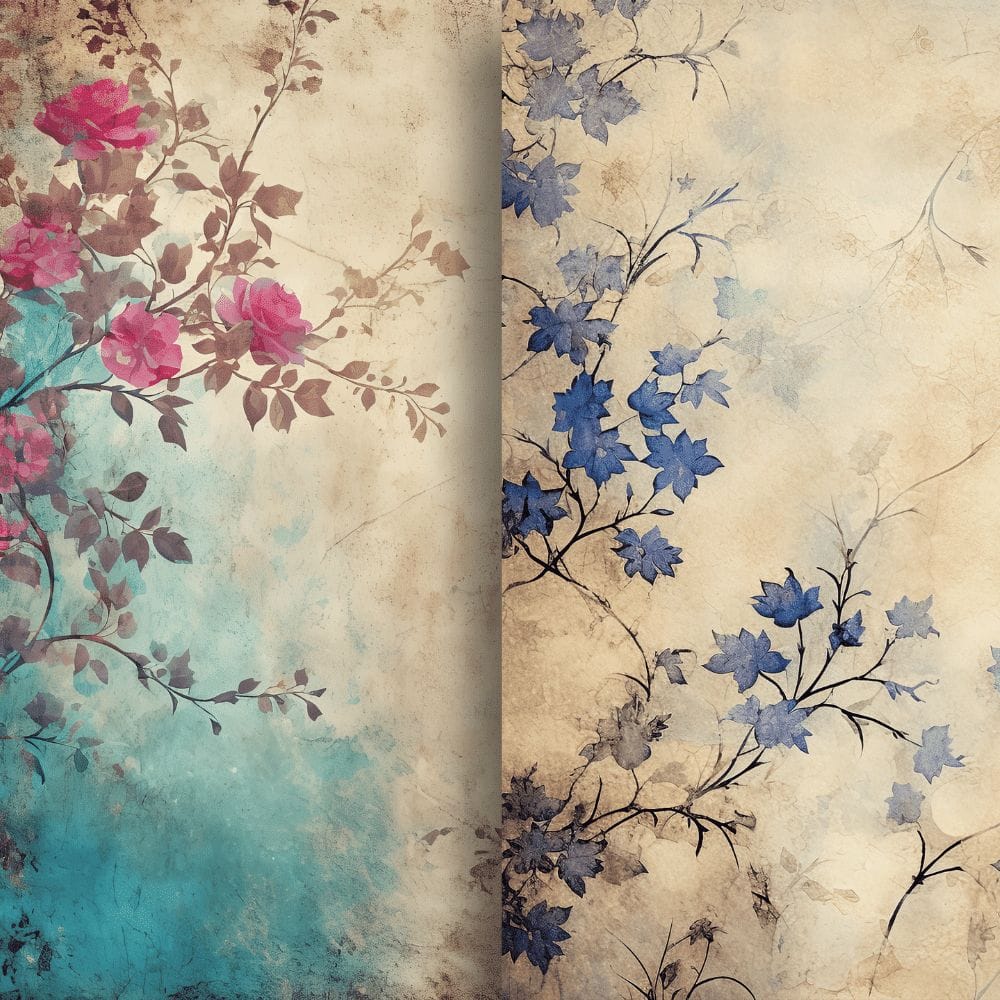 The Vintage Dreams Digital Papers (Extended License) showcase a digital artwork divided into two parts: the left side displays pink roses set against a turquoise, aged background, while the right side features blue flowers with dark stems on a beige, textured backdrop. Both sections exhibit a vintage, faded look and are available as an editable template for extended use.