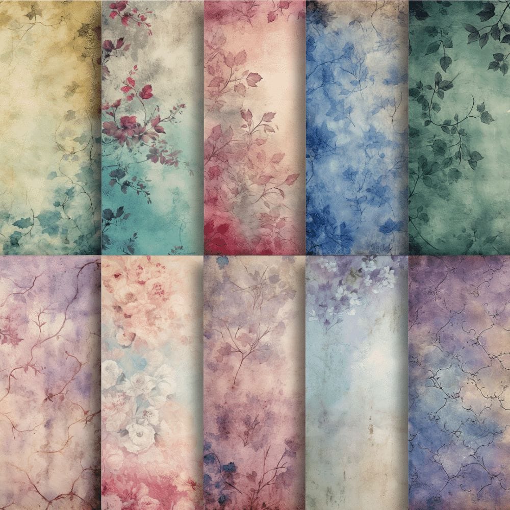 The Vintage Dreams Digital Papers (Extended License) offer a stunning collection of twelve rectangular panels adorned with an array of floral patterns. The backgrounds come in soft, muted shades, including yellows, pinks, blues, and purples. Each panel presents a distinct style of flower and leaf design with a charming vintage, textured aesthetic, all within an easily editable digital product template.