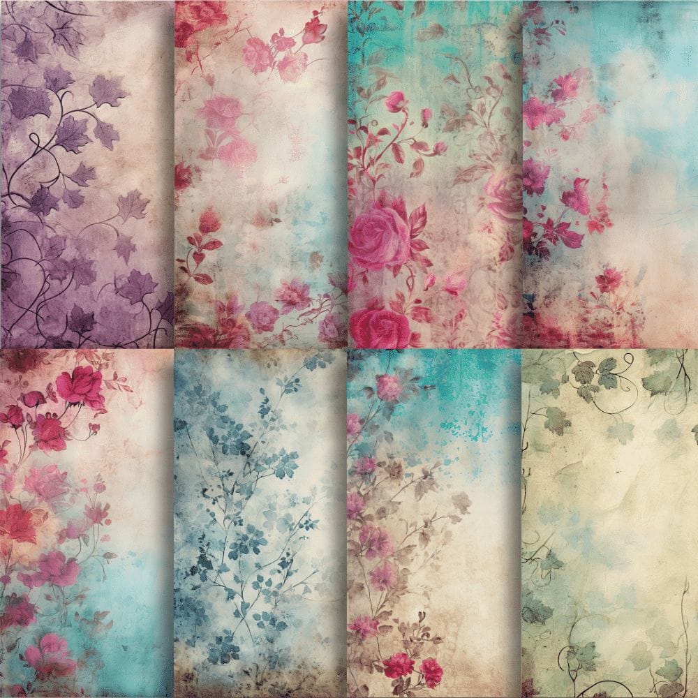 Introducing *Vintage Dreams Digital Papers (Extended License)*: a set of nine rectangular panels adorned with vintage-inspired floral designs. Each editable template features unique combinations of soft and faded colors such as purple, red, teal, blue, and beige, showcasing various flowers and vines in a delicate watercolor style.