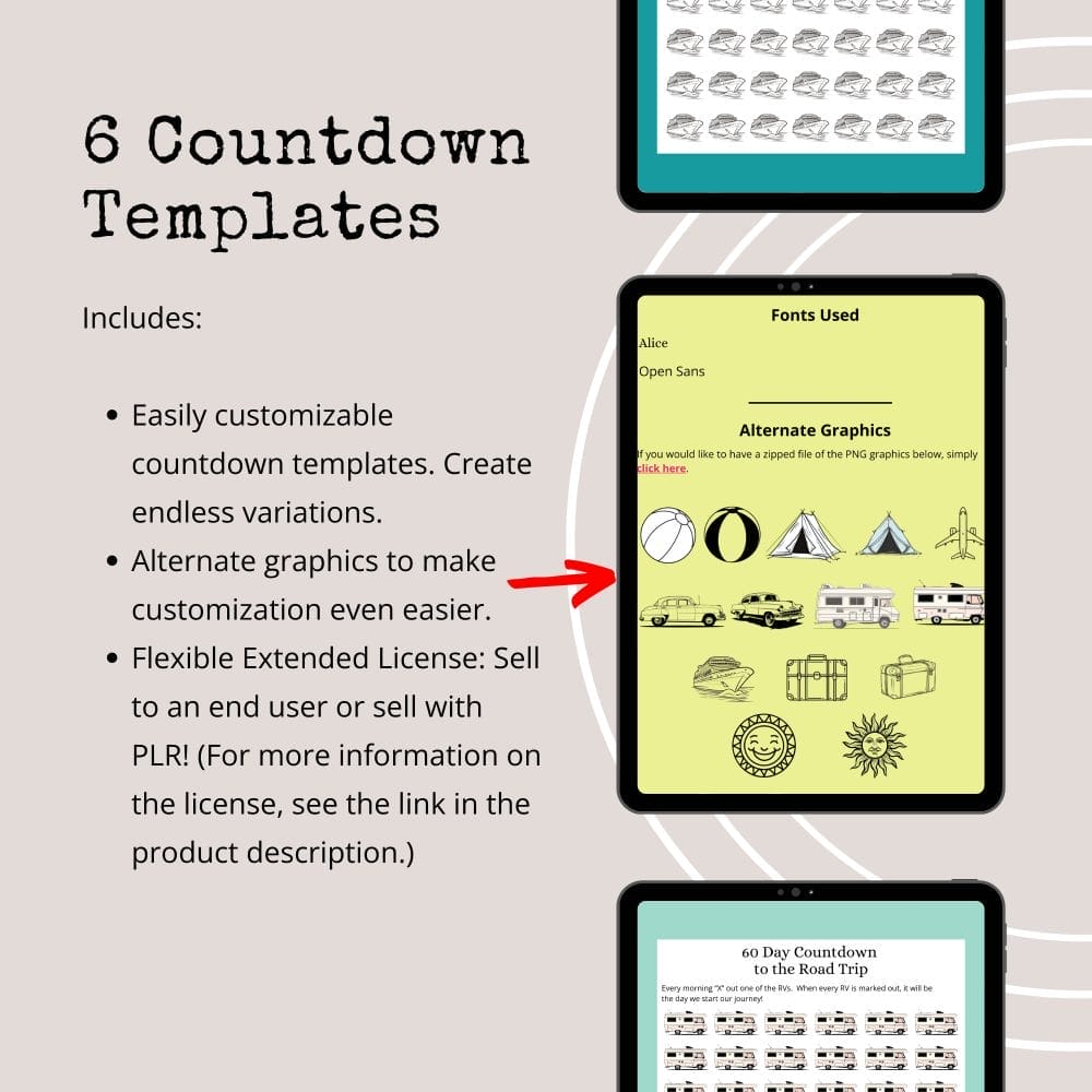 Image showing a promotional material for "Countdown to Vacay Templates (Extended Use)." The material highlights features such as easy customization, alternate graphics, and an extended use license. There are images of three tablets displaying different editable templates.