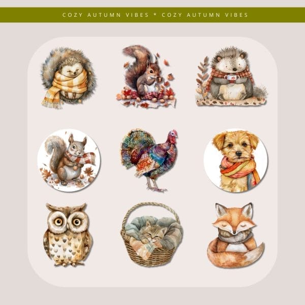 A collection of nine watercolor illustrations from the "Cozy Autumn Watercolor Clipart" set, featuring charming autumn animals: a hedgehog in a scarf, a squirrel holding acorns, a hedgehog with leaves, a squirrel wearing a hat, a turkey, a dog in a scarf, an owl, a kitten in a basket, and a fox curled up. The text at the top reads "Cozy Autumn Vibes," making it perfect for extended digital use.