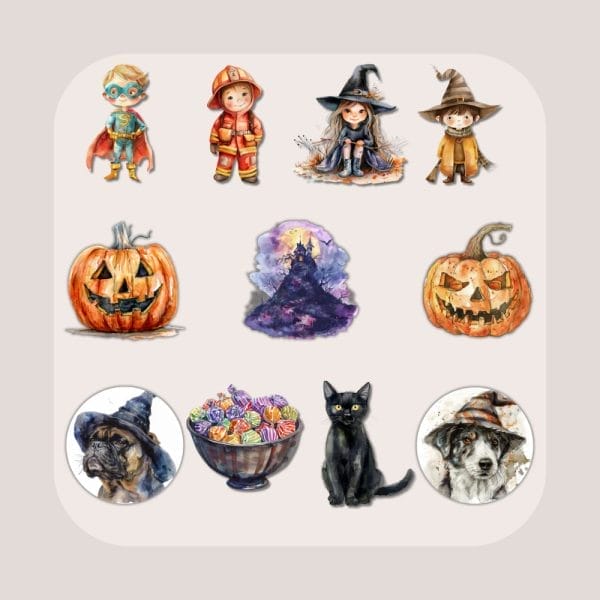 A grid of colorful illustrations: kids in costumes (superhero, firefighter, witch), two jack-o'-lanterns, a purple-spired haunted house, a bowl of candies, a black cat, and two dogs (one in a witch hat, one in a ghost costume). Ideal for use as an editable digital product template under the Cozy Autumn Watercolor Clipart collection for commercial purposes.