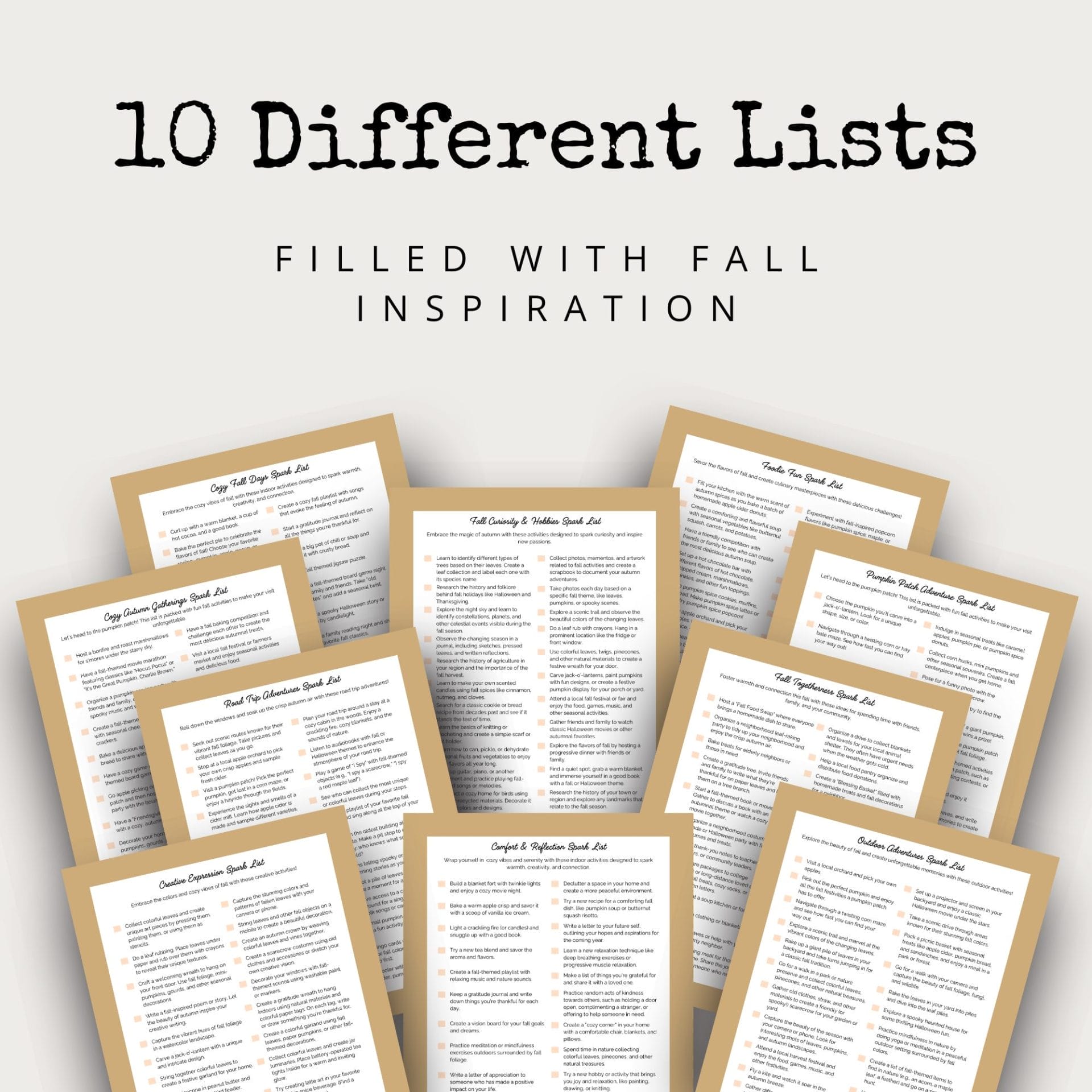 Image displaying ten distinct lists, each adorned with a gold-bordered header. The text above the lists reads "10 Different Lists" and "FILLED WITH FALL INSPIRATION," making this the ideal themed template for autumn activities or ideas. Introducing: Spark Lists: Fall Version.