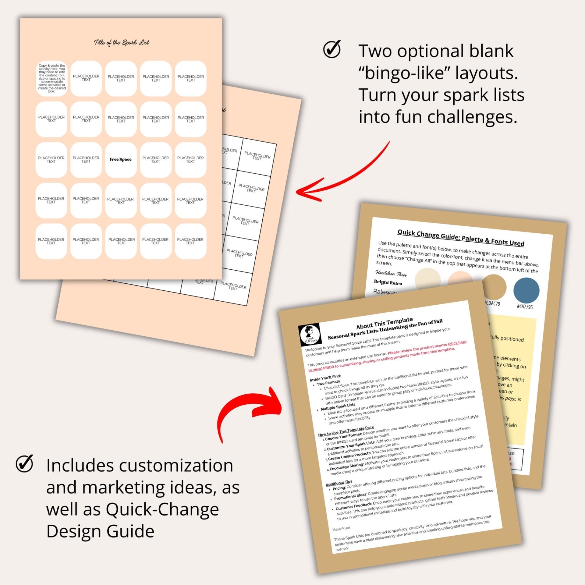 Three stacked tan pages labeled "Title of the Spark List" from the Spark Lists: Fall Version feature a grid layout with round spaces and a text-heavy instruction guide. Text with arrows highlights a bingo-like layout, options for additional customization, marketing ideas, and the Quick-Change Design Guide for extended use as a digital product template.