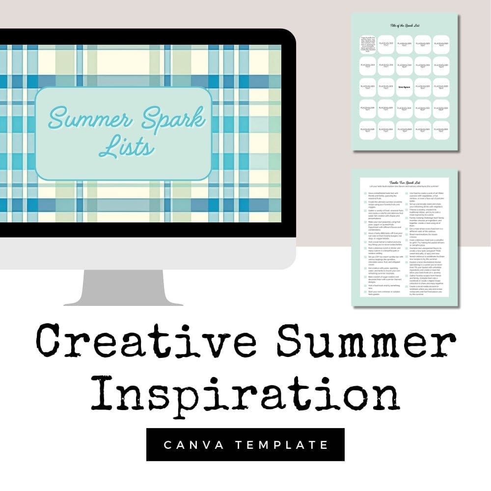 A graphic displaying a computer monitor with the text "Spark Lists: Summer Version" on the screen. Two additional documents are shown beside the monitor. Below, the text reads "Creative Summer Inspiration" and "Canva Template for Commercial Use." The background has a light plaid pattern.