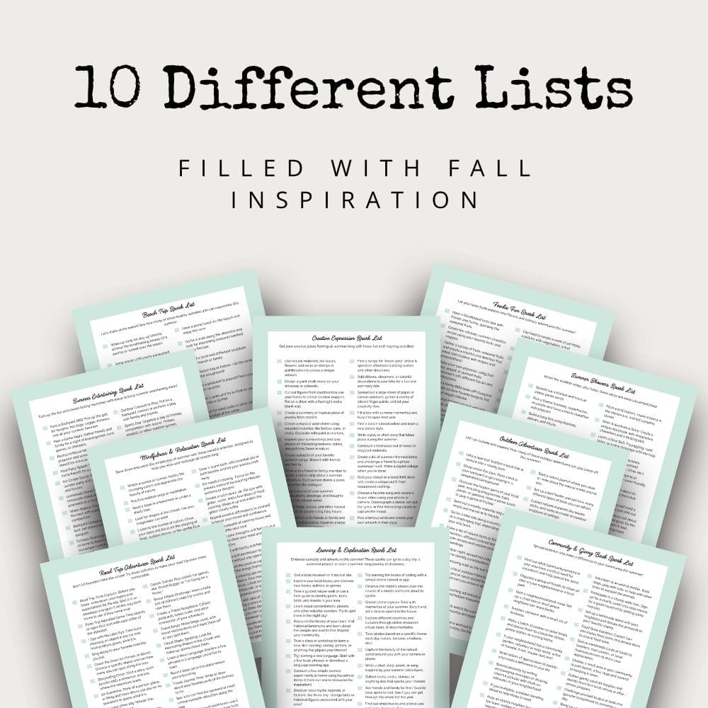 Image of ten pieces of paper arranged in a semi-circle, viewed from above. Each paper lists different summer-themed inspirations and activities. The text "10 Different Lists" is centered at the top, with "Filled With Summer Inspiration" positioned underneath it. Ideal as an editable template for extended use. From the Spark Lists: Summer Version collection.