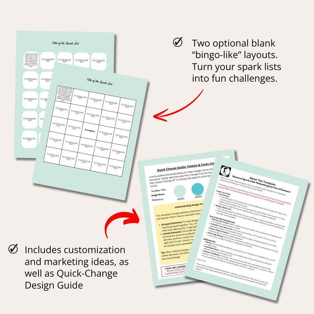 Three sheets of paper from the Spark Lists: Summer Version are displayed: two feature blank "bingo-like" layouts for challenges, and one is a guide that includes customization tips, marketing ideas, and an editable template. Arrows point from the sheets to descriptive text, detailing their features for extended use.