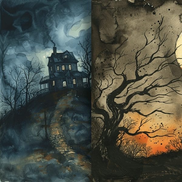 A split image in the Moonlit Mysteries Digital Pattern Pack showcases a spooky house on a hill under a stormy, dark sky on the left side, while the right side features a gnarly, leafless tree silhouetted against an eerie, orange-yellow sky. This digital product template evokes unease and mystery, making it ideal for extended use in various creative projects.
