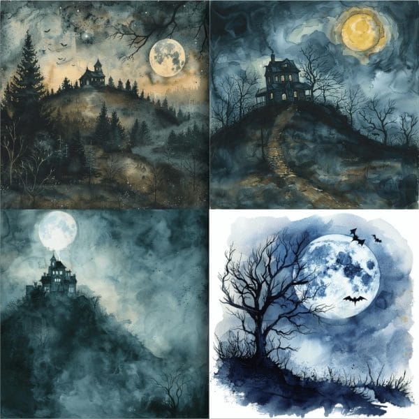 Introducing the Moonlit Mysteries Digital Pattern Pack: a set of four eerie night scenes featuring a haunted mansion perched on a hill, encircled by dense, shadowy forests. Each pattern showcases a large full moon casting an ominous glow, with bats and twisted, barren trees enhancing the spooky ambiance. Ideal as an editable template for various digital products.
