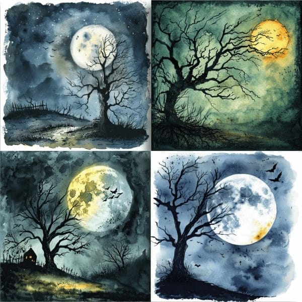 The Moonlit Mysteries Digital Pattern Pack features a collage of four eerie night scenes, each showcasing a full moon illuminating twisted, bare trees. Shadows and silhouettes of bats fly around, adding to the haunted, mysterious atmosphere. One panel even includes a small, dark house in the background—ideal as an editable template for commercial use.