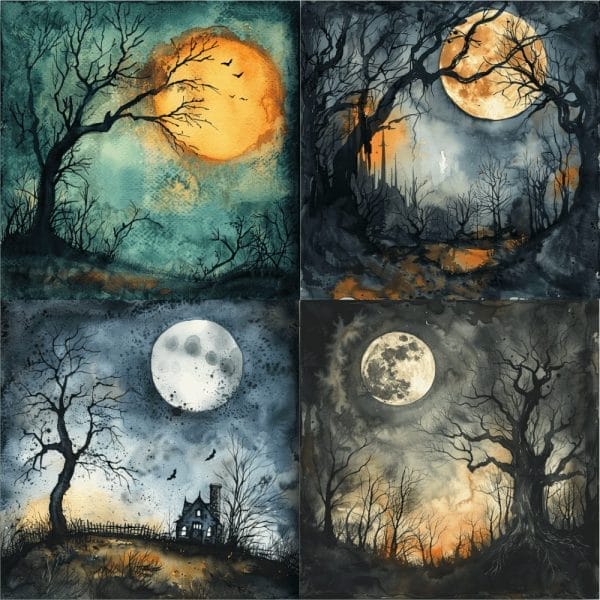 Introducing the Moonlit Mysteries Digital Pattern Pack: A collection of four eerie night scenes under a full moon. Each pattern showcases a dark landscape with bare, twisted trees and a luminous moon. The designs feature a haunted house, a path through the woods, and desolate, shadowy forests, all exuding a haunting atmosphere—perfect as an editable template for extended commercial use.