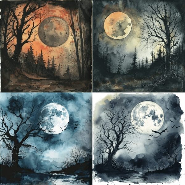 The "Moonlit Mysteries Digital Pattern Pack" is a stunning collage of four watercolor paintings, each depicting eerie landscapes dominated by full moons. Though the scenes vary in color and mood, all feature leafless trees and darkened skies that evoke a sense of mystery and solitude. This pack is ideal as a digital product template for extended commercial use.