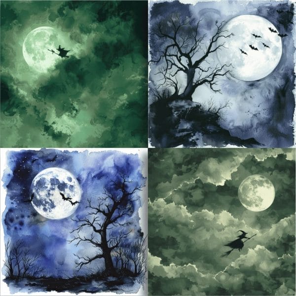 The Moonlit Mysteries Digital Pattern Pack presents a captivating four-panel collage displaying eerie night scenes with full moons and silhouettes of leafless trees. The panels include witches soaring on broomsticks and bats set against cloudy backgrounds in green and blue tones, crafting a spooky, Halloween-themed atmosphere. This versatile design serves as an ideal editable template for commercial use.
