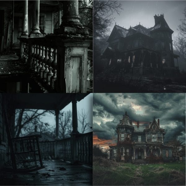 The Haunted Mansions Digital Papers includes a four-panel collage featuring eerie, dilapidated houses and porches. This digital product template showcases dark, abandoned homes with broken columns and fences, an old rocking chair on a decrepit porch, and a house under a stormy sky. It evokes a creepy, haunted atmosphere perfect for extended commercial use.