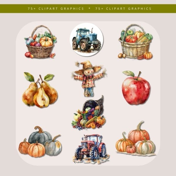 Introducing the Cozy Autumn Watercolor Clipart collection, featuring an array of autumn-themed items including two baskets filled with vegetables and fruits, a charming blue truck, juicy pears, an adorable scarecrow, a crisp apple, festive pumpkins, a bountiful cornucopia of fruits, and an eye-catching orange tractor at the bottom center. This set is perfect for commercial use and seamlessly integrates with any digital product template.