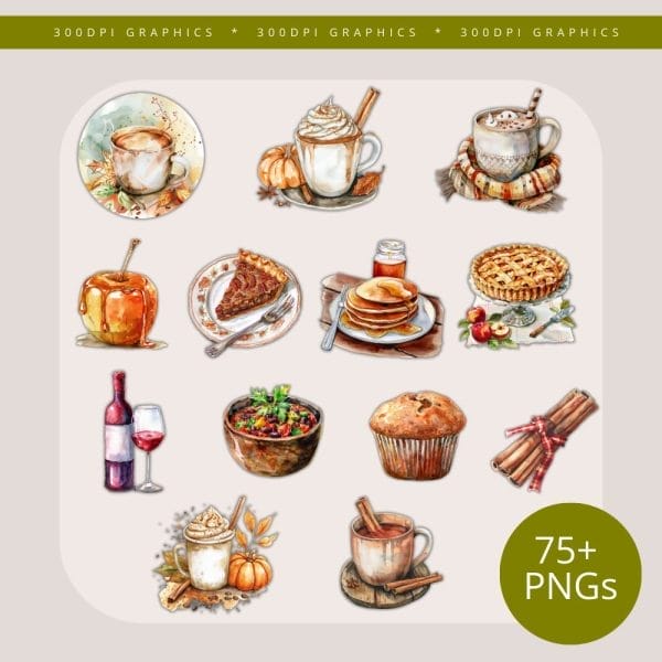 The "Cozy Autumn Watercolor Clipart" collection includes 12 autumn-themed illustrations depicting coffee, desserts, and seasonal foods in a charming style. Highlights of this collection include pumpkin spice latte, apple pie, cinnamon sticks, pancakes, a muffin, wine and grapes, and a soup bowl. Perfect for commercial use with over 75 PNGs.