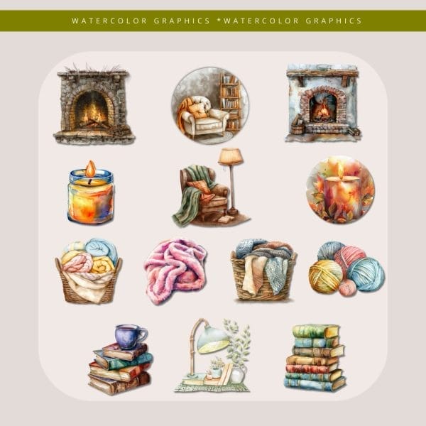 Introducing the Cozy Autumn Watercolor Clipart collection: a series of charming and cozy illustrations featuring fireplaces, reading nooks, lit candles, baskets with yarn and blankets, stacks of books, and lamps. This digital product template is perfect for infusing any project with a warm and inviting atmosphere.