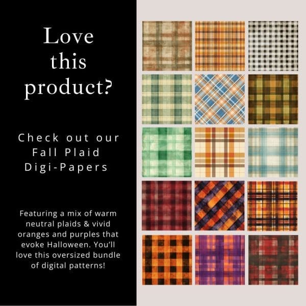 A promotional graphic featuring 16 fall-themed plaid patterns displayed in a 4x4 grid, showcasing various color combinations of warm neutrals, vibrant oranges, and purples. Text on the left reads, "Love this product? Check out our Cozy Autumn Watercolor Clipart—perfect as a digital product template for commercial use.