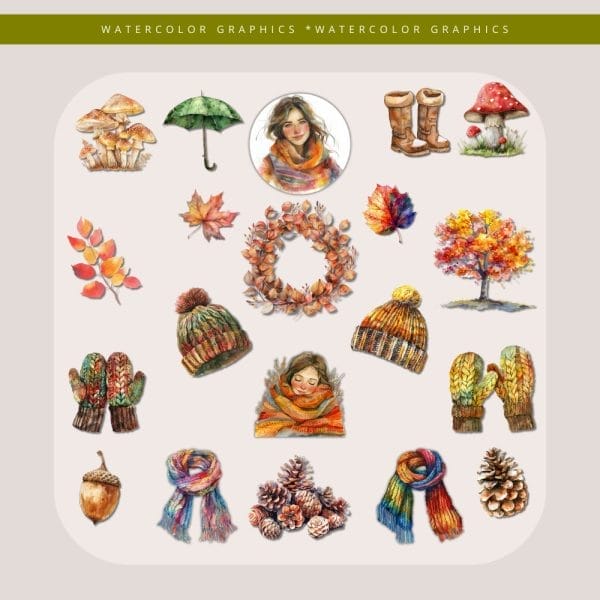 The Cozy Autumn Watercolor Clipart is a vibrant digital product template featuring a collection of autumn-themed illustrations, including mushrooms, an umbrella, boots, leaves, wreaths, a tree, knitted hats, gloves, scarves, pinecones, and a person in autumn attire. It highlights shades of orange, red, yellow and green.