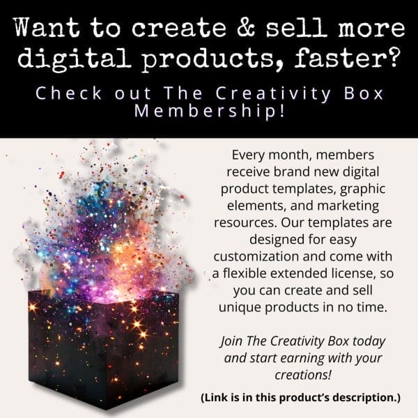 A promotional graphic for the Moonlit Mysteries Digital Pattern Pack. The top text reads, "Want to create & sell more digital products, faster? Check out the Moonlit Mysteries Digital Pattern Pack!" Below is a description mentioning monthly digital product templates, editable templates, and a flexible commercial use license. An image of an exploding black box with bright, colorful sparks accompanies the text.