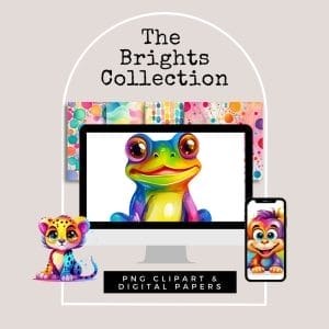 A promotional graphic for "The Brights Collections: Clipart and Digi-Paper Bundle," featuring colorful digital illustrations. Central to the image is a computer screen displaying a vibrant frog, with a cheerful creature on a phone and a cute animal beside them. Text at the bottom reads "PNG Clipart & Digital Papers for commercial use.