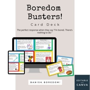 A promotional image for the "Boredom Busters: Artful Exploration Card Deck (Extended Use)" features cards displayed on a smartphone, tablet, and computer screen. It’s the perfect response to "I'm bored. There's nothing to do." The bottom text reads "BANISH BOREDOM!" and highlights that it's an editable template with Canva for commercial use.