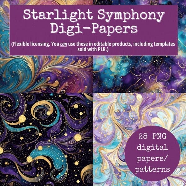 The image showcases a promotional graphic for the "Starlight Symphony Digital Paper Pack (Extended Use)," featuring four vibrant, swirling, galaxy-themed patterns. The text highlights that there are 28 PNG digital papers/patterns available with flexible licensing and extended use options for editable templates in various products.