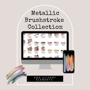 An advertisement for the "Metallic Brushstroke Collection (Extended Use)" PNG clipart showcases a computer and smartphone displaying a range of vibrant brushstroke designs, accompanied by a large brushstroke featured prominently beside the devices.