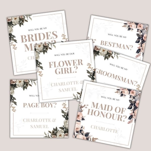 A collection of elegant, floral-themed cards that ask: "Will you be my Bridesmaid?", "Flower Girl?", "Page Boy?", "Bestman?", "Groomsman?", and "Maid of Honour?". Names "Charlotte & Samuel" and "Charlotte" are featured on some cards.
