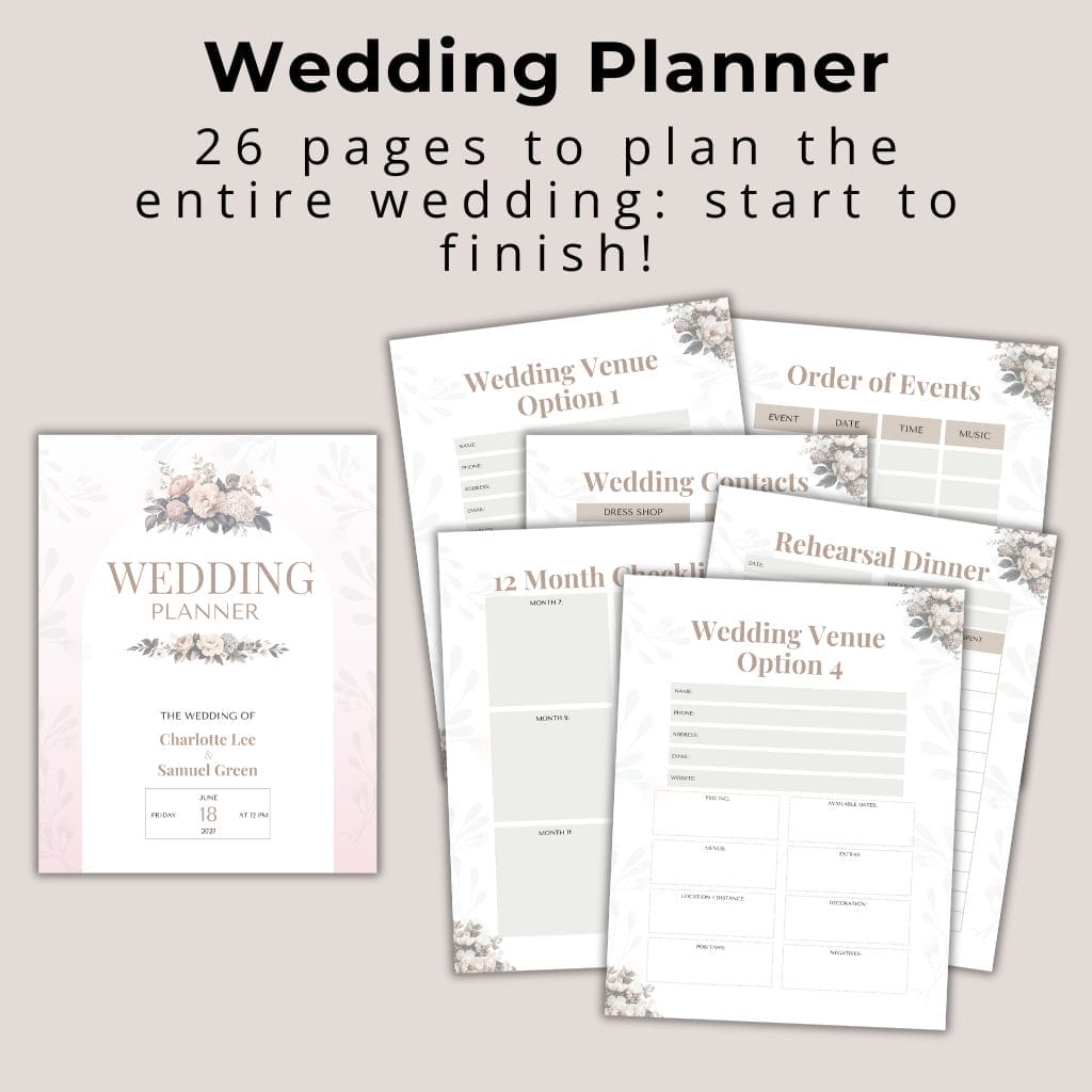 Image shows the Ultimate Wedding Planner Template – Editable Canva Template cover with "Wedding Planner," flowers, and names. Pages include "Wedding Venue Option 1," "Order of Events," and a "12 Month Checklist." Text above: "Wedding Planner: 26 pages to plan the entire wedding from start to finish!.