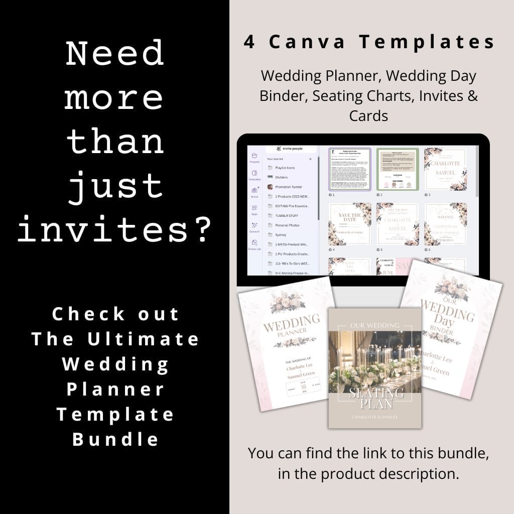 Promotional image for a wedding planner template bundle. Features a screenshot of Canva templates on a device screen, titled wedding invitations and seating plans. Includes a call to action: "Need more than just invites? Check out the bundle.