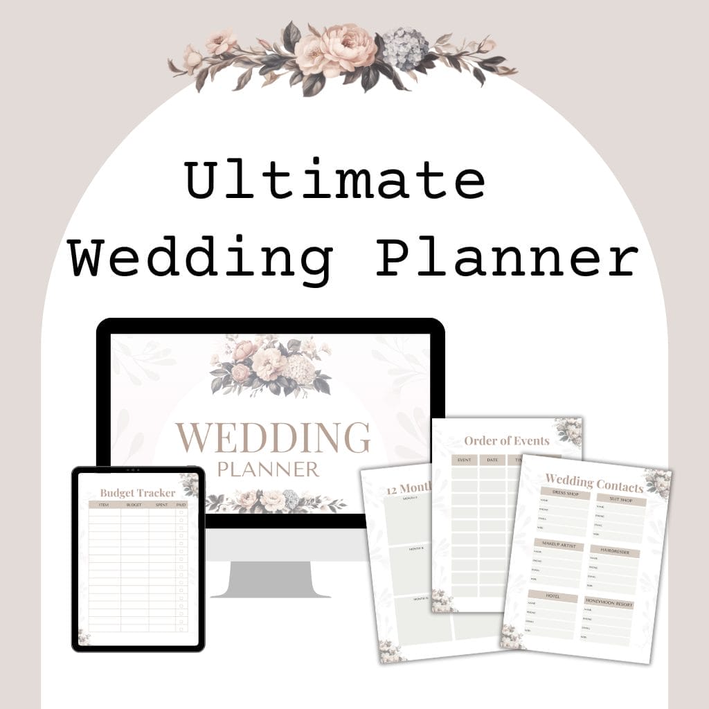 The Ultimate Wedding Planner Template – Editable Canva Template features wedding planner tools on a computer and floral design papers. It includes a budget tracker, 12-month checklist, order of events, and contact list. The text "Ultimate Wedding Planner" is displayed with decorative flower graphics.