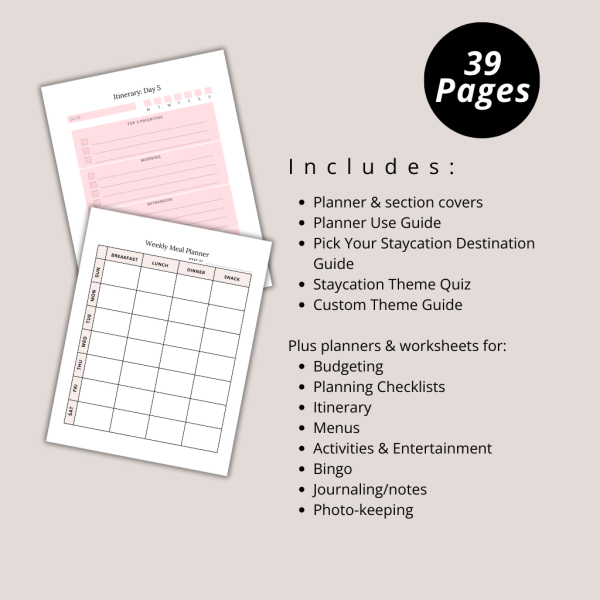 An image displays two pages of the Build-Your-Own Staycation Planner – Editable Canva Template against a light background, featuring contents: planner guides, staycation guides, meal planner, budgeting tools, checklists, itineraries, activity lists, bingo games, journaling sections, and photo-keeping for "39 Pages.