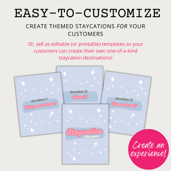 A graphic promoting staycation themes features pastel sheets labeled: "Pick your theme!", "Plan it!", "Remember it!" and "Staycation Planner," adorned with stars. A pink circle invites customers to create an experience using the Build-Your-Own Staycation Planner – Editable Canva Template.