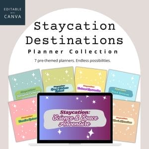 Image of the "Staycation Destinations Planner Collection: 7-In-1 Bundle + Build-Your-Own Version" cover. It features a laptop displaying a "Science & Space Adventure" planner surrounded by planners titled "Backyard Camping," "Spa Retreat," and more.