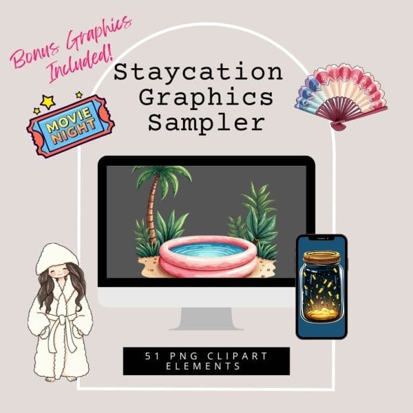 Showcase of the "Build-Your-Own Staycation Planner – Editable Canva Template" with a tropical scene on a screen and fireflies in a jar. Includes bonus "Movie Night" icons among 51 PNG elements—ideal for your at-home vacation planner.