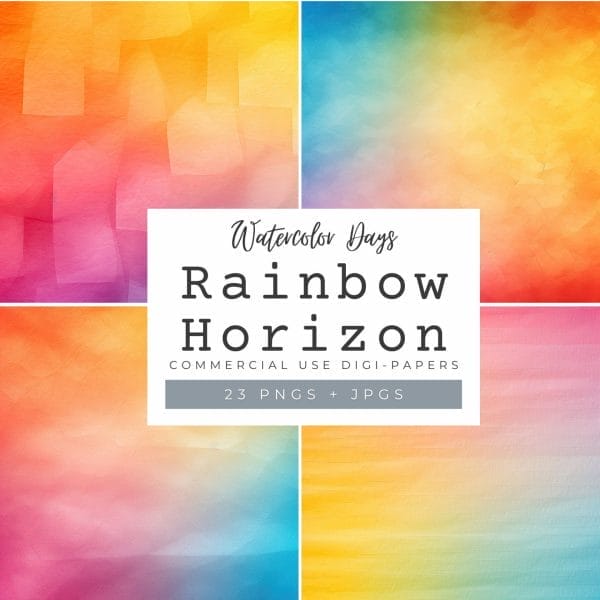 A collage of four vibrant watercolor backgrounds in yellow, blue, pink, and orange with a label: "Watercolor Days-Rainbor Horizo Digi-Papers (Extended Use)," perfect for commercial use with 23 PNGs + JPGs.