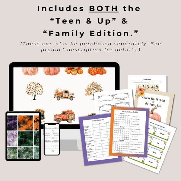 A promotional image features printable fall activities and digital autumn illustrations, highlighting the “Halloween Party Game Bundle – Complete Set (Family + Teen Editions)” with details on both editions included in the purchase.