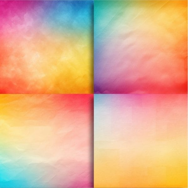 Watercolor Days: Rainbow Horizon Digi-Papers (Extended Use) features four vibrant, painterly backgrounds in a grid, blending blue, red, yellow, pink, and orange tones with soft gradients and rich textures.