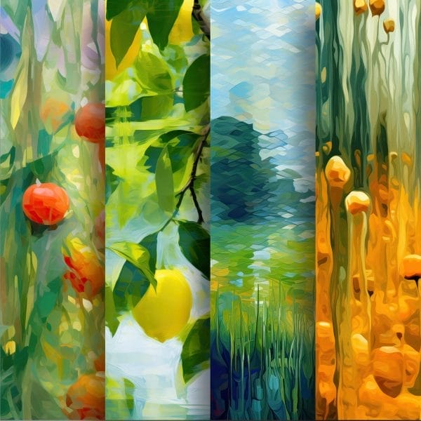 KaleidoColor Washes: Watercolor Days Digi-Papers feature painterly abstract panels for each season: red fruits on green (spring), lemons on branches (summer), blue lake and hills (autumn), and golden flowers with tall stems (winter).