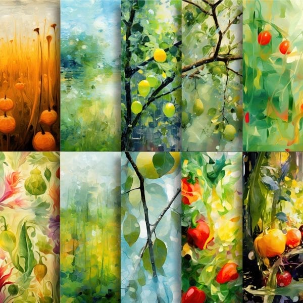 KaleidoColor Washes: Watercolor Days Digi-Papers features 21 vibrant PNG and JPG abstracts, blending painterly fruits and plants—like pumpkins, lemons, pears, tomatoes—in bold washes of swirling watercolor hues.