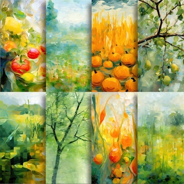KaleidoColor Washes: Watercolor Days Digi-Papers feature 21 vibrant PNGs & JPGs with abstract depictions of apples in trees, misty landscapes, pumpkins, fruit branches, tall grass, green trees, gourds & colorful meadows.