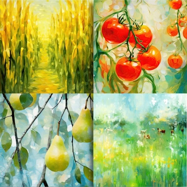 KaleidoColor Washes: Watercolor Days Digi-Papers (21 PNGs + JPGs) features vibrant impressionistic scenes—golden cornfield path, ripe tomatoes on the vine, yellow-green pears, and a sunny meadow with cows.