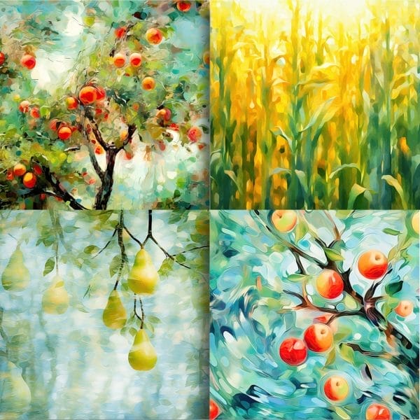 KaleidoColor Washes: Watercolor Days Digi-Papers features painterly images—an apple tree with red apples, a sunlit cornfield, hanging yellow-green pears, and a branch of ripe peaches or apples.