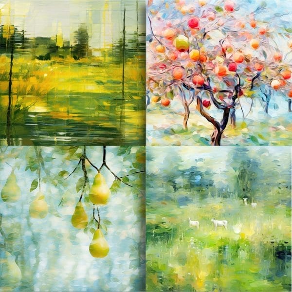 A collage of four impressionist scenes from "KaleidoColor Washes: Watercolor Days Digi-Papers"—a yellow-green landscape, a fruit tree with red apples, hanging yellow pears, and a green meadow with three white sheep.