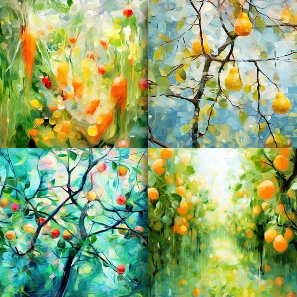 KaleidoColor Washes: Watercolor Days Digi-Papers (21 PNGs + JPGs) feature four abstract, colorful fruit tree artworks—tomatoes, pears, apples, and oranges—each with vivid brushstrokes and soft green, yellow, blue, and orange backgrounds.