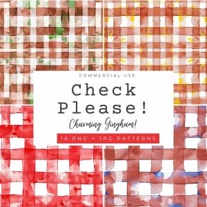 A digital graphic displays a white box with “Heirloom Pantry Digi-Papers – Vintage Botanical Recipe Backgrounds” text. The background features vintage watercolor gingham patterns in green, brown, red, and blue shades.